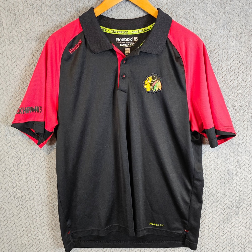 Reebok Chicago Blackhawks NHL Center Ice PlayDry Polo Shirt Mens Large Black Red